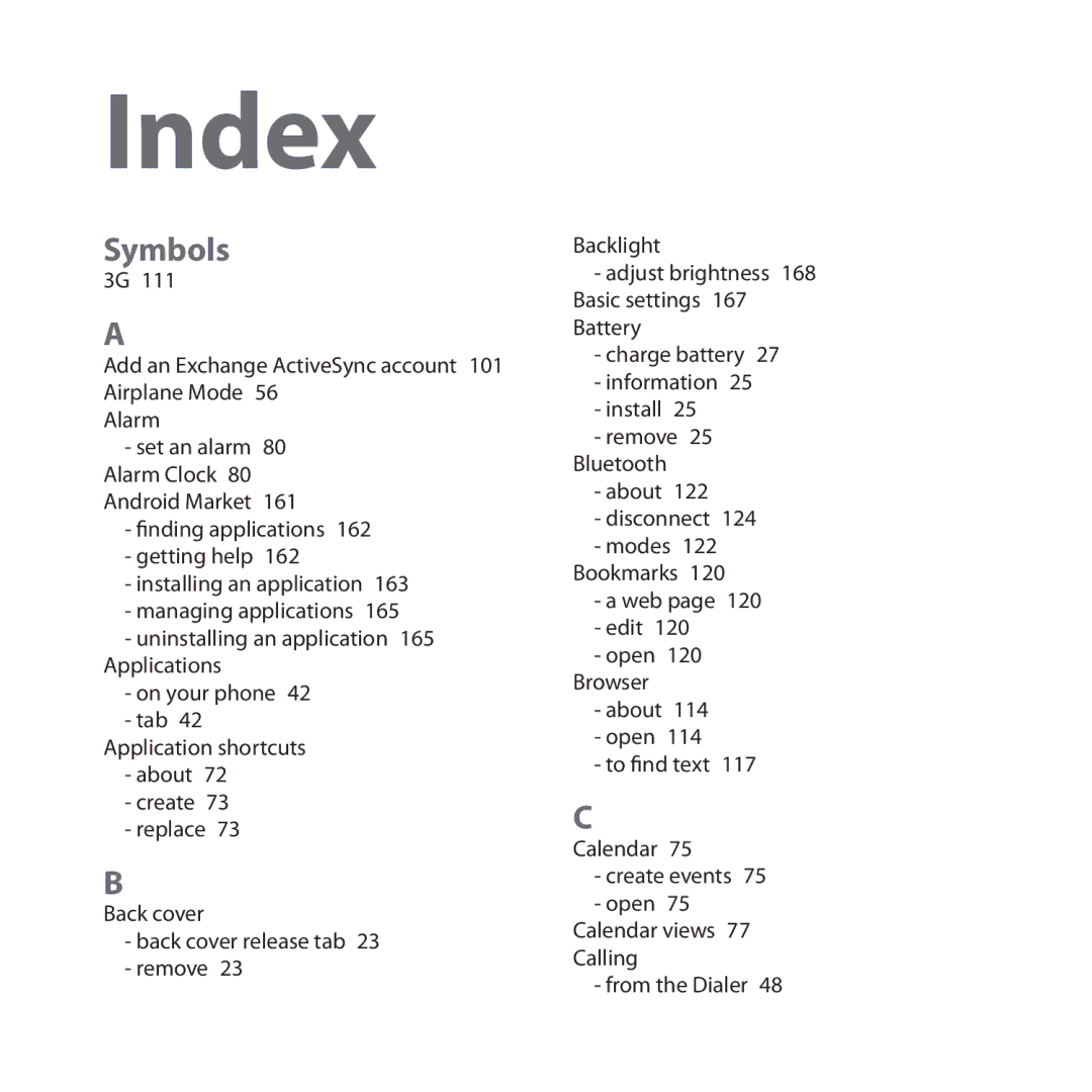 HTC DREA160 user manual Index  